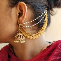 Bridal Jhumkas, Temple Jewellery Earrings, Jhumka Designs, Bridal Jewellery Earrings, Bridal Jewellery Design, Ear Chain