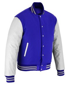 Varsity Letterman Baseball Royal Wool and White Genuine Leather Sleeves Jacket with White Trims If your required Size & Color Combination is not listed then please contact with us We will respond you as soon as possible the estimated time is 12 Hours, All Sizes & Color Combinations are Available. The quality of the varsity jacket is the finest in the field. 100% high quality Wool. A fine quilt lining with Wool trimmed inside pocket are all part of the complete package. Each varsity jacket design Sporty White Outerwear With Padded Collar, White Outerwear With Contrast Trim For Fall, Classic White Varsity Jacket For Winter, White Winter Outerwear With Contrast Collar, Classic Long Sleeve Outerwear With Contrast Trim, Classic Winter Outerwear With Contrast Trim, Classic White Outerwear With Contrast Trim, White Fitted Varsity Outerwear, White Fitted Varsity Jacket For College