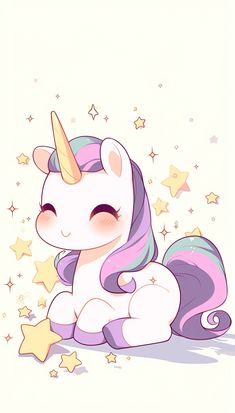 a cute little unicorn laying on the ground with stars all around it's sides