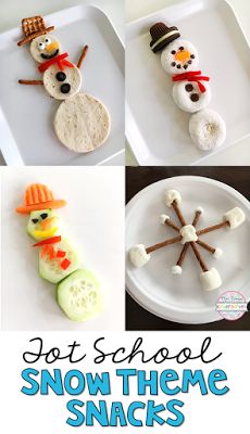 snowmen made out of marshmallows, carrots and other food items