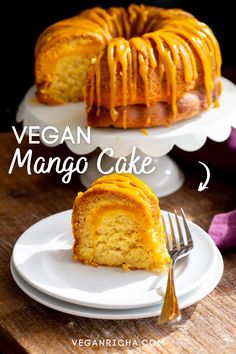 vegan mango cake on two plates with a fork next to the bundt cake