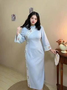 Qing Xin 清新 Plus Size Vintage Inspired Long Sleeve Qipao Stand Collar Dress For Spring Tea Ceremony, Long Cheongsam For Tea Ceremony, Spring Cheongsam With Stand Collar For Tea Ceremony, Elegant Embroidered Cheongsam With Stand Collar, Spring Cheongsam For Tea Ceremony With Stand Collar, Elegant Embroidered Cheongsam For Spring, Elegant Ao Dai With Stand Collar For Spring, Elegant Embroidered Ao Dai With Stand Collar, Spring Ao Dai With Stand Collar For Tea Ceremony