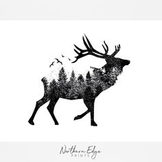 a black and white drawing of a deer with antlers on it's back