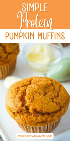 pumpkin muffins on a white plate with text overlay