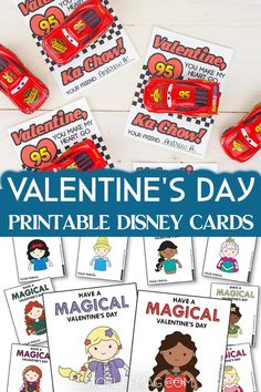 valentine's day printable disney cards for kids with the title overlaying them