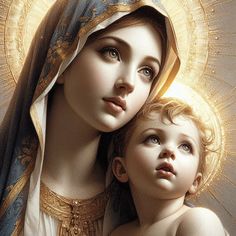 a painting of the virgin mary and child jesus with gold trimmings on their heads