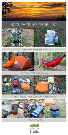 the back pack and backpacking gear list for camping is shown in several different pictures