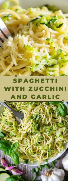 spaghetti with zucchini and garlic in a white bowl