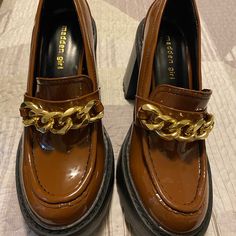 Madden Girl Womens Kassidy Loafer. Size 8.5. New And Never Worn. Heel Measures Approximately 3.5" Lug Sole With Chunky Block Heel. Color Is A Glossy Brown Called Cognac. Good Hardware.