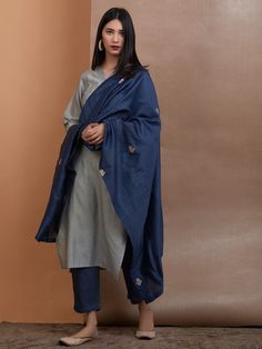 Buy Grey Chanderi Silk Kurta with Slip, Navy Blue Cotton Silk Pants and Embroidered Dupatta - Set of 3 online at Theloom Greenish Grey, Desi Fashion Casual