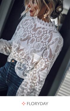 Solid elegant round neckline long sleeve blouses, women's wear, pretty. Lace Top Long Sleeve, White Blouse, Lace Blouse, Street Styles, Lace Tops, Long Sleeve Lace, Look Fashion, White Shirt