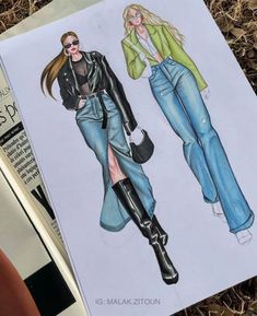 a drawing of two women in jeans and jackets