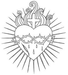 a heart with flames and a cross on it, in the middle of a coloring page