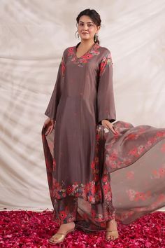 Buy Brown Silk Printed And Hand Embroidered Floral Bahaar Kurta Palazzo Set For Women by Niti Bothra Online at Aza Fashions. Knot Thread, Asymmetric Kurta, Kurta Palazzo Set, Palazzo Set, French Knot, Brown Silk, Fabric Silk, Thread Work, Mulberry Silk