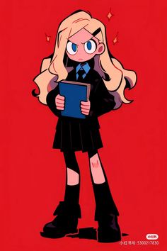 an anime character with blonde hair and blue eyes is holding a tablet while standing in front of a red background