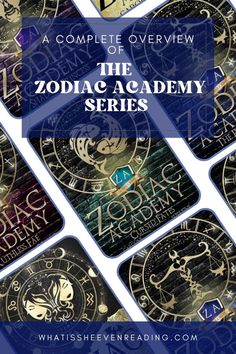 the zodiac academy series is shown in blue and gold, with an image of zodiacs on