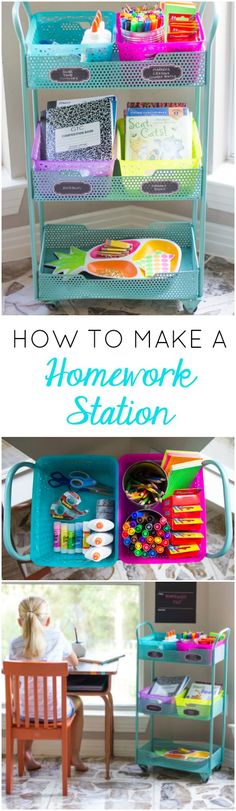 an ironing board with various items on it and the words how to make a homework station