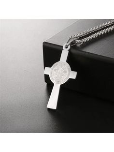 Black,Gold,Silver Fashionable Collar  Stainless Steel   Embellished   Men Fashion Jewelry Gift Stainless Steel Cross Pendant Necklace, Symbolic Stainless Steel Cross Necklace, Father's Day Stainless Steel Cross Necklace, Father's Day Stainless Steel Cross Pendant Necklace, Saint Benedict Medal, Stainless Steel Cross Pendant, Benedict Medal, Protection Jewelry, Kitchen Jewelry