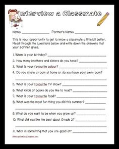 a printable worksheet for an interview on how to write a classmate