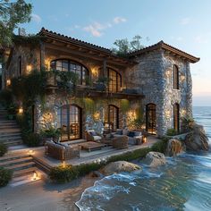 the house is built into the cliff by the ocean