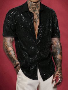 Black Party Collar Short Sleeve Sequins Plain,All Over Print Shirt Embellished Non-Stretch  Men Clothing Euphoria For Men Outfit, Vegas Guys Outfit, Bling Outfits Men, Men Sequin Outfit, Mens Glitter Outfit, Sequin Shirt Men, Mens Sparkle Outfit, Black And Silver Outfit Men, Denim And Diamonds Party Outfit Men