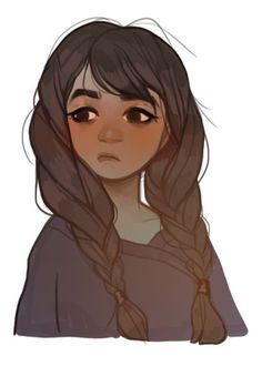 a drawing of a girl with long hair and braids on her head, looking at the