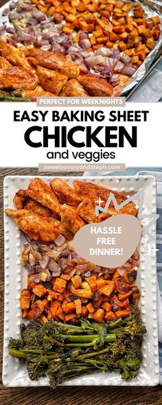 an image of baked chicken and veggies on a plate with text overlay that reads easy baking sheet chicken and veggies