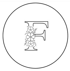 the letter f with flowers on it is shown in a black and white outline style