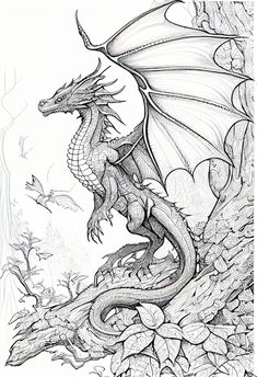 a black and white drawing of a dragon sitting on top of a pile of leaves