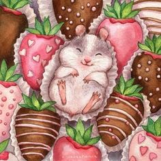 a painting of a mouse surrounded by chocolate covered strawberries and strawberries with hearts