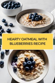 two bowls of oatmeal with blueberries and granola on the side