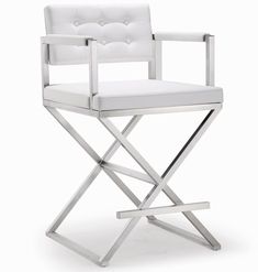 a white leather chair with metal frame and armrests on an isolated white background