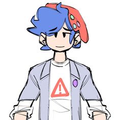 a drawing of a man with blue hair wearing a red hat and holding his hands in his pockets