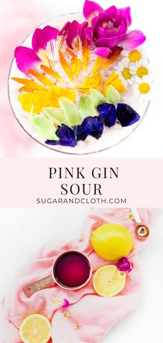 pink gin sour with lemon slices and flowers