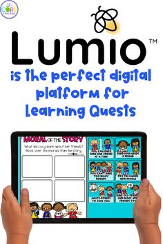 a person holding up a tablet with the text lumio on it and an image of