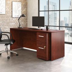 Small package, big punch -- The 72” desk with 2-drawer pedestal file cabinet bundle from the Affirm® collection offers a lot in a smaller bundle set. This 72” x 24” commercial desk is constructed with a durable, 1” thick top, and a resilient melamine top protection that is heat, stain, and scratch resistant. Your desk will be free of cord clutter with a cord management system with two desk top grommet holes. Adjustable levelers ensure that your commercial office desk will be level, stable, and aligned on the trickiest office terrain. The 2-drawer pedestal file cabinet comes fully assembled, with minimal hardware attachment required, so you can finish your office set-up quickly. Two locking file drawers with full extension slides holds letter or European size hanging files. This mobile file Desk Clutter, Cherry Desk, Business Desk, Office Works, Mobile Pedestal, Executive Office Desk, Mobile File Cabinet, Office Floor, Hanging Files