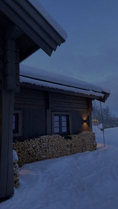 a log cabin with snow on the roof and side walls, in front of a snowy landscape