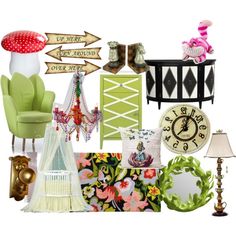 a collage of furniture and decor including a chair, clock, lamp, table