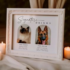 a white frame with two pictures of dogs and cats on it next to some candles