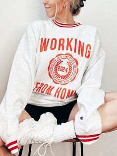 "Details: Each individual sweatshirt is designed and hand pressed in house. Sweatshirts are unisex and machine washable. Fit: Sweatshirts fit true to size. Sweatshirt worn by model is a size a Large. (Model is 5'6\") Content + Care: -Champion ribbed crewneck sweatshirt (ribbing on collar, sleeves, and waistband) -Embroidered Champion patch on left sleeve -Maddon and Co logo on back collar -50% Cotton, 50% Polyester -Machine wash cold and hang dry recommended*" Varsity Crew Sweatshirt With Screen Print, College Crew Sweatshirt With Screen Print, Sporty Sweatshirt With Screen Print For Loungewear, Sporty Screen Print Sweatshirt For Loungewear, College Crew Sweatshirt In Relaxed Fit, Relaxed Fit Crew Sweatshirt For College, Relaxed Fit Crew Sweatshirt With Screen Print, Co Logo, Tech Background