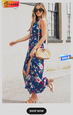 Blue Halter Neck Sleeveless Floral Dress with Slits Flowy Long Skirt, Leopard Satin Dress, Long Flowy Skirt, Affordable Fashion Women, Chambray Dress, Sleeveless Floral Dress, Mini Shift Dress, A Princess, Waist Length