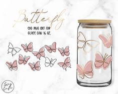 pink butterflies in a glass jar on a marble background with the words, butterfly saver for