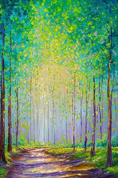 an oil painting of a path in the woods with trees and sun shining through it