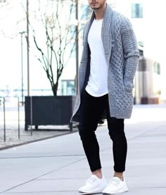 Gray Basketweave Drop Cardigan, Urban Street Style, Men's Spring Summer Fashion. Urban Fashion Girls, Hipster Mens Fashion, Urban Street Style, Urban Wear, Fashion Streetwear, Sneakers Men Fashion, Mens Fashion Summer, Urban Outfits