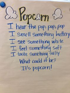 a paper sign with writing on it that says popcorn i hear the pop pop pop