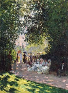 a painting of people sitting at tables under trees