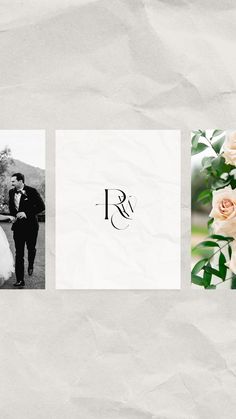 the wedding photos are on paper with flowers in front of them and an image of a bride and groom standing next to each other