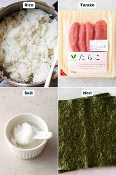 four pictures showing different types of rice and other things to eat on the same plate