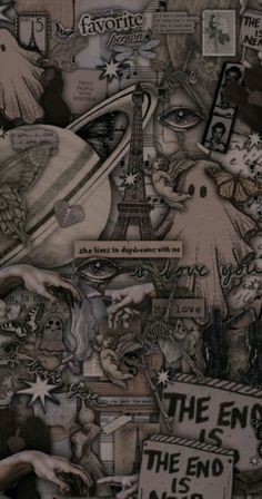 collage of various images with words and pictures on them, including an image of the eiffel tower