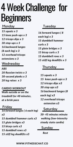 the four week challenge for beginners is shown in black and white, with an image of